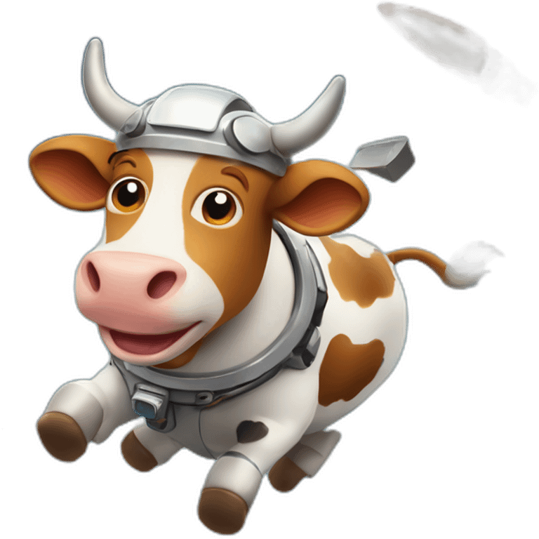 cow with udder flying to space while wearing a jetpack that is emitting flames emoji