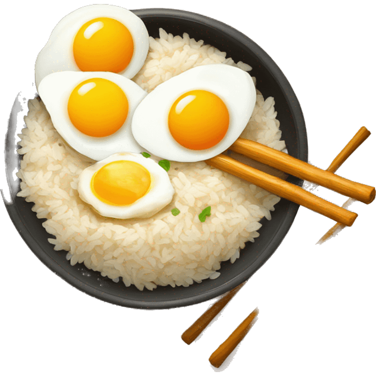 a bowl of rice with double sunny side up eggs and 2 chicken drumstick emoji