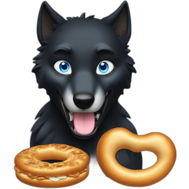 a full black wolf with blue eyes eating a bretzel emoji