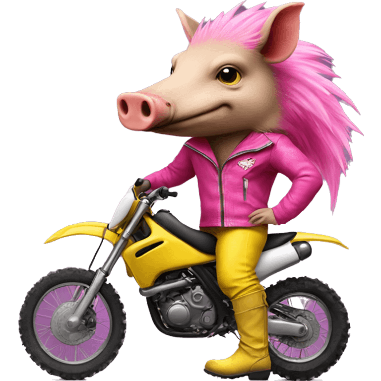 Razorback wearing yellow clothes with pink boots on a black dirt bike emoji