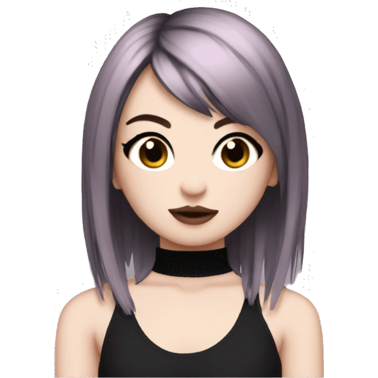 A Emo girl with pale white skin short-long brown hair with pink on the bottom tips with side bangs in pigtails and wearing a fish net black turtle neck halter top emoji