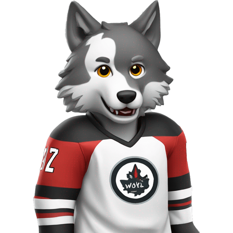 A wolf plays hockey in a black and white red uniform with a wolf emblem on his chest emoji