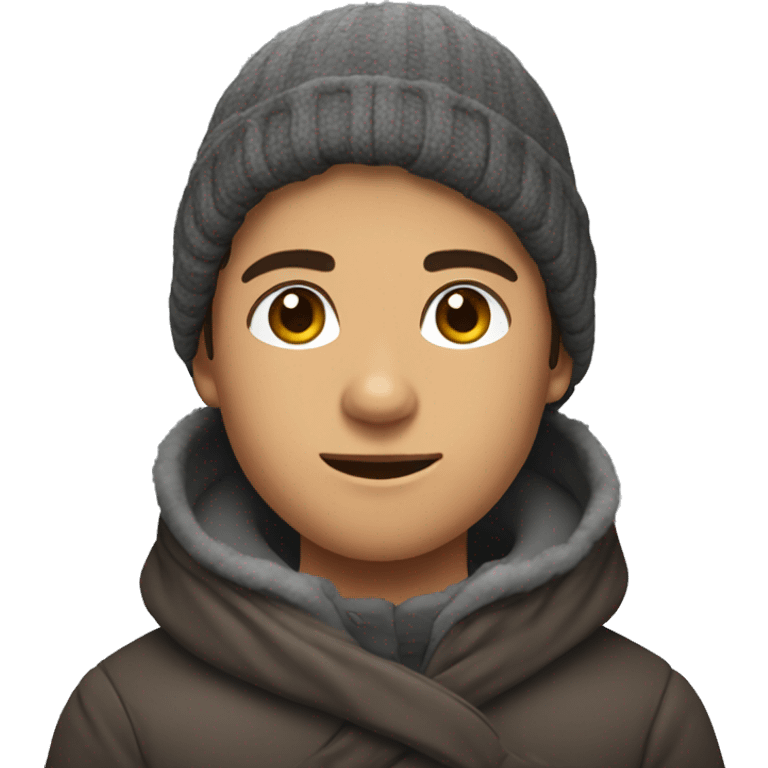 tanned pretty brunette boy wrapped in winter clothes  emoji