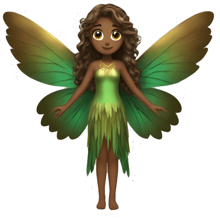 big wings, Beautiful, fairy, gold, brown, dark green, green, long hair emoji