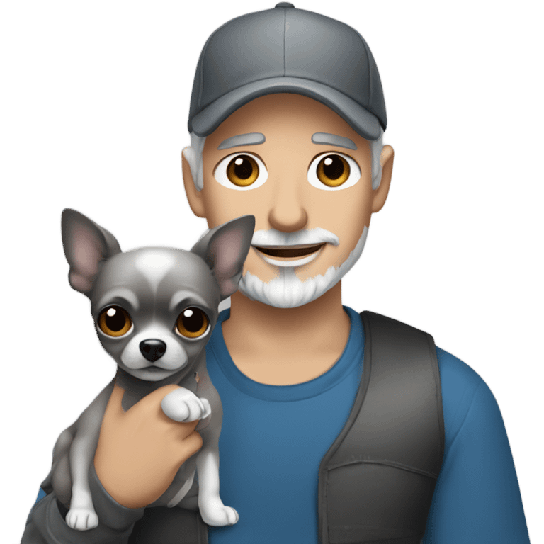 man blue eyes gray hair gray goatee ball cap holding black longhair chihuahua  emoji