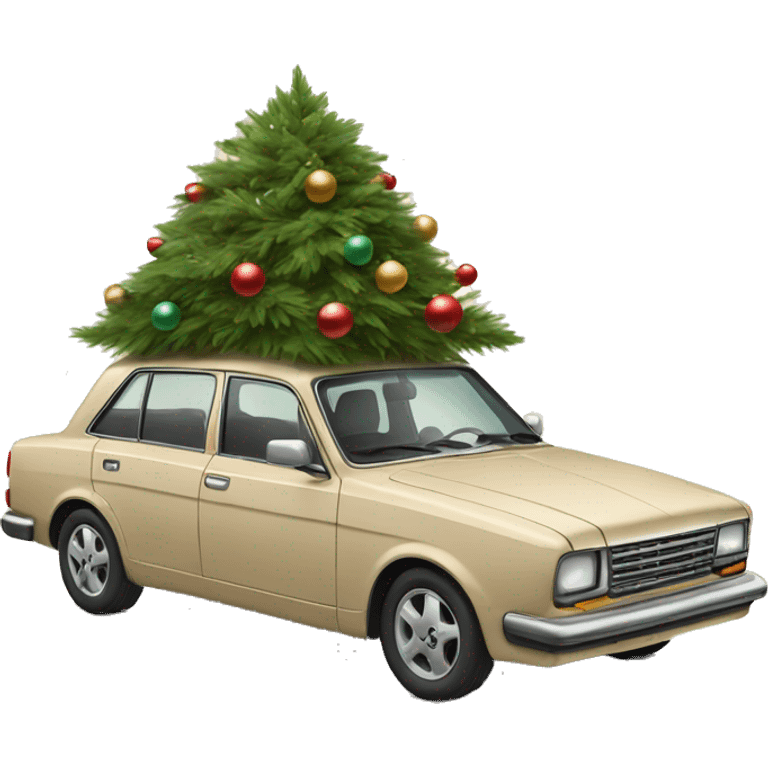 A beige nostalgic car with a christmas tree on the roof emoji