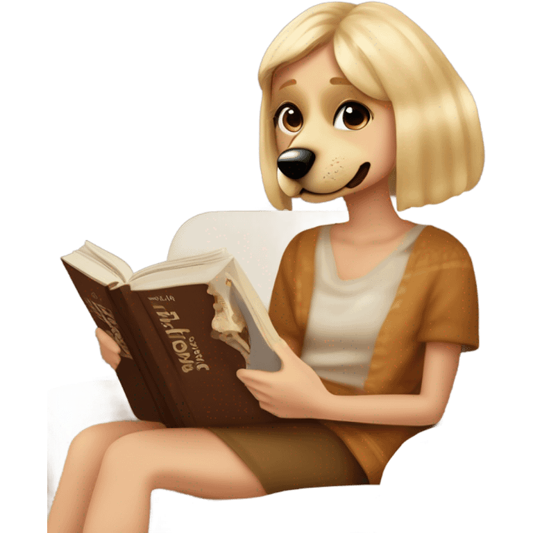 Chica rubia de ojos azules en un sofá tapada con una manta marrón mientras lee un libro. Al lado suya está su perro, un American de color claro emoji