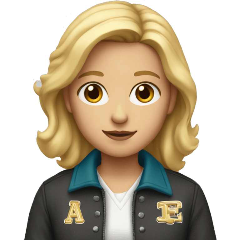 Blond girl with hazel eyes in a letter jacket  emoji