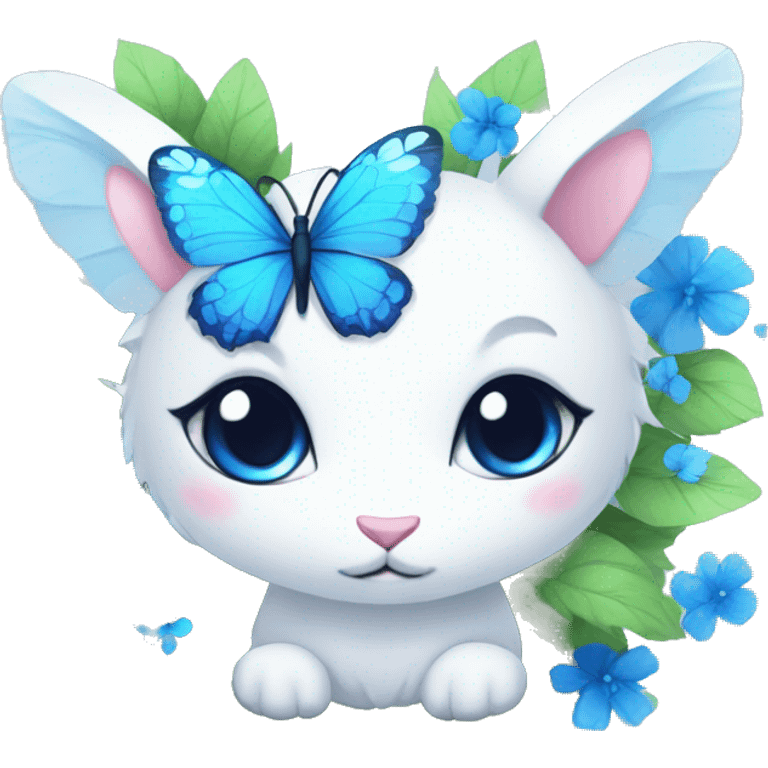 Edgy Cute Cool Kawaii gorgeous sparkly ethereal white fantasy animal with blue eyes sona with flowers and butterflies emoji