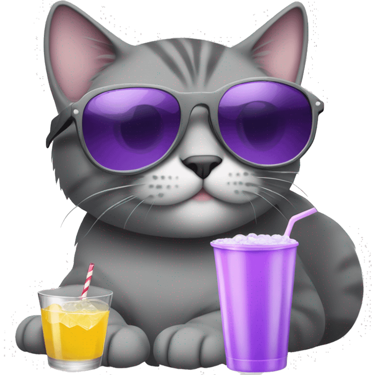 Grey cat with a Drink and purple sunglasses and Green eyes and a Baby with the Color black and white emoji