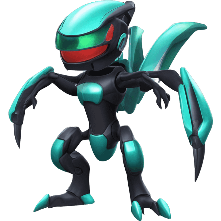 a shiny black Genesect-Flygon-Raptor-Fakémon-Medabot-hybrid with a futuristic visor-helmet full body emoji