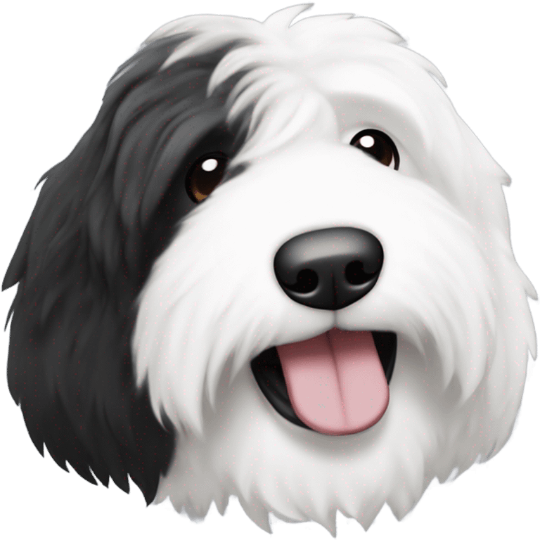 Old English sheepdog with a half and half face like a black and white cookie emoji