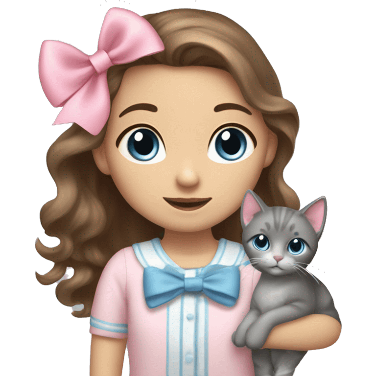 A Girl with long wavy brown hair, with grey-blue eyes, has a light pink bow on hair, and coquette clothes. She is holding a grey cat, which has a pink bow too. emoji