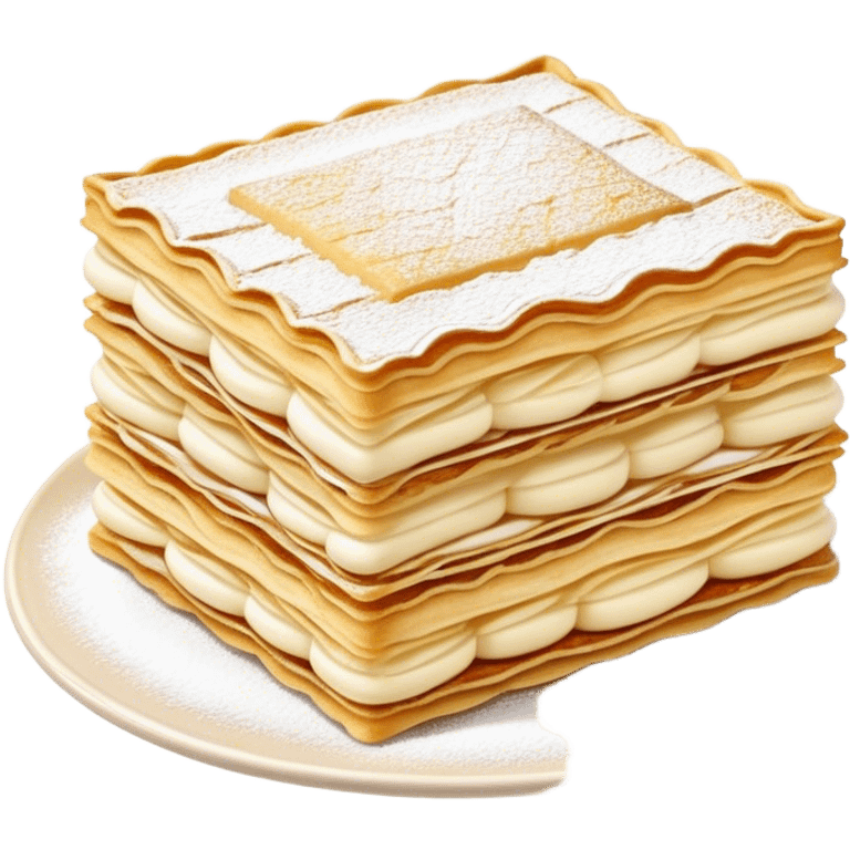 Cinematic delicate mille-feuille, thin crispy pastry layers filled with smooth vanilla cream, dusted with powdered sugar, elegant presentation, highly detailed and sophisticated. emoji