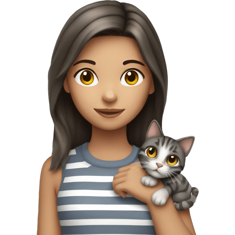 Young brunette girl holding gray striped cat  emoji