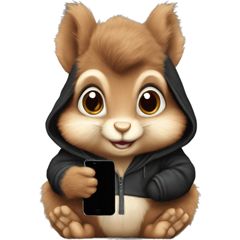 Cute realistic fluffy Squirrel with fluffy ears in black hoodie holding an iPhone  emoji