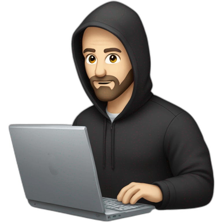 bald white man with a black beard typing on apple computer wearing a black hoodie emoji