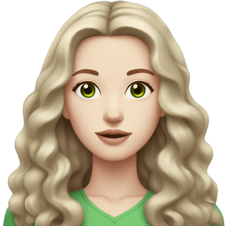 woman with pale skin and green eyes and long wavy medium brown hair with a middle part and soft pink lips emoji