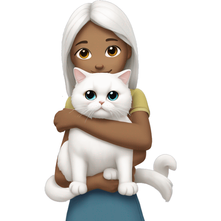 Asian girl hug white Persian cat emoji