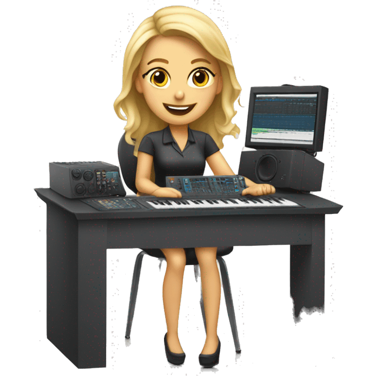 Audio technician girl blonde with an audio desk sitting emoji