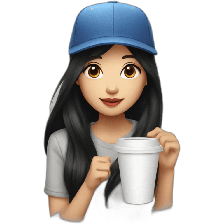 A long black hair cool Asian girl wear a baseball cap and have a cup of coffee emoji