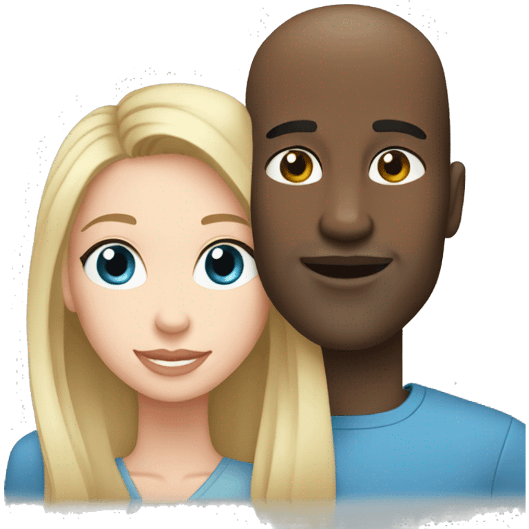 Bald black man loves a white woman with long dark hair and blue eyes emoji