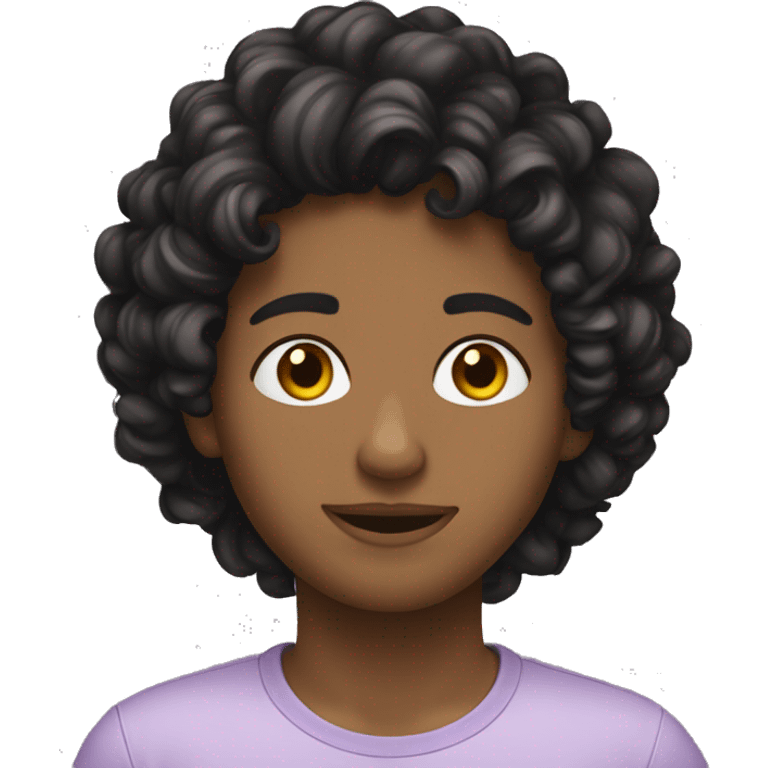 Hispanic emoji with hazel eyes black loose curly hair reading emoji