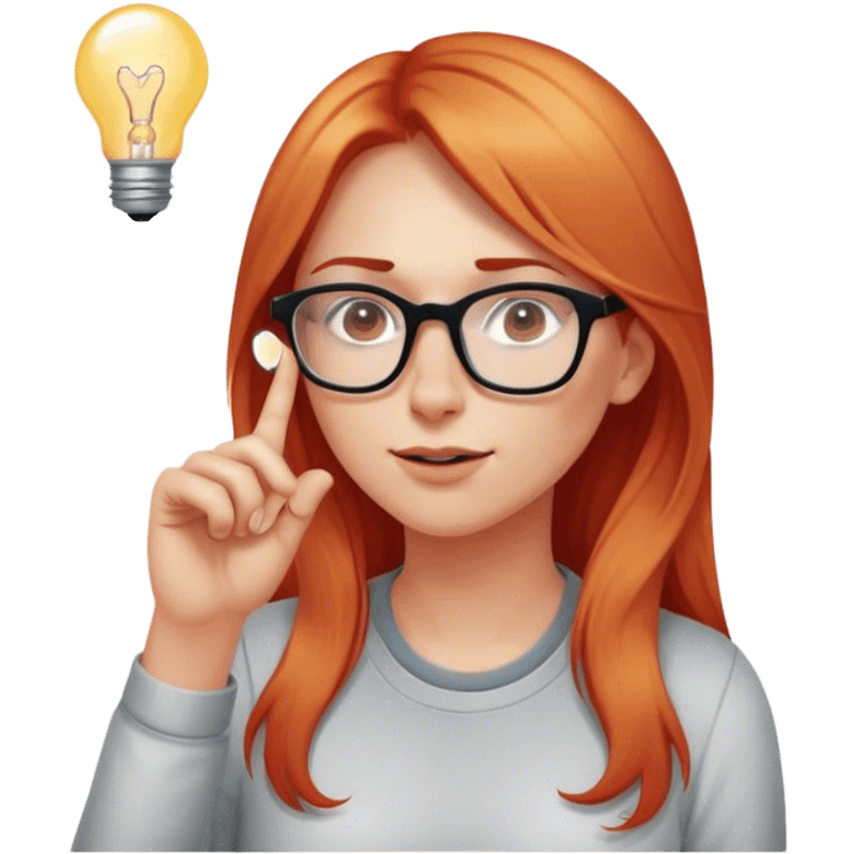 intelligent and clever, 30 year old, girl, long red and almost blond hair, glasses, has an idea, rubs her finger on the nose, light bulb over the head, casual cloth  emoji