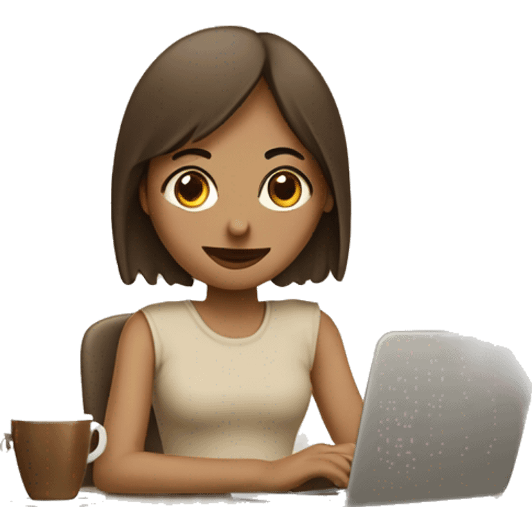 Half face of a girl at the laptop. A a cup of coffee on the left side of the table. Books on the right side. in beige tones emoji