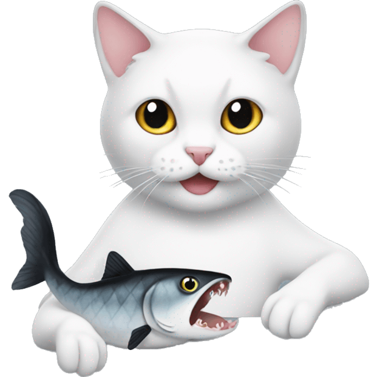 black and white cat eating fish emoji