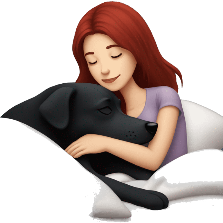 Dark red hair girl sleep with her maltese black dog emoji