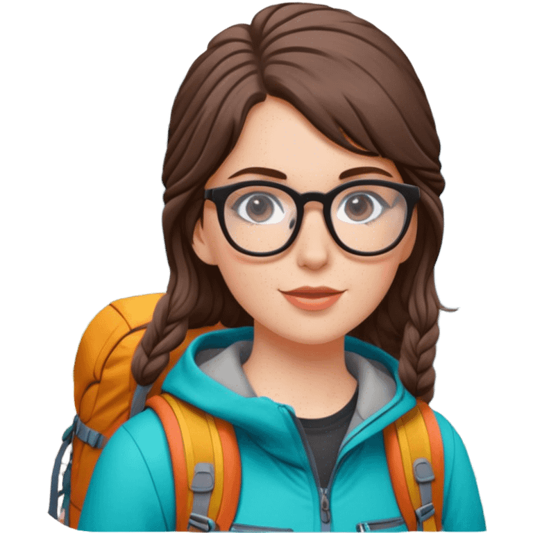 portrait of white girl, braun hair with glasses backpacking girl in the mountains emoji