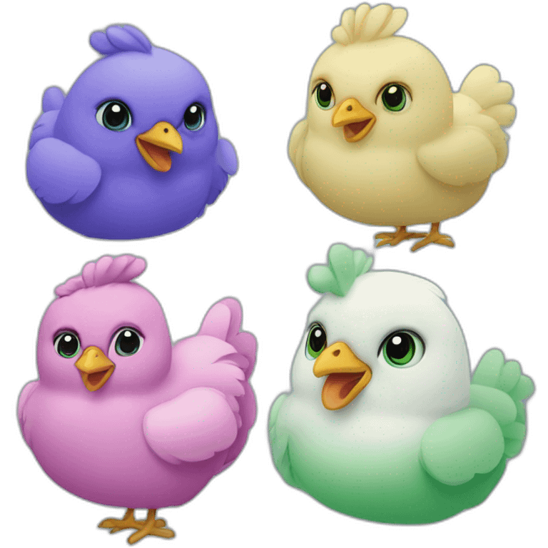 Four chickens in differents colors : blue, violet, pink and green emoji