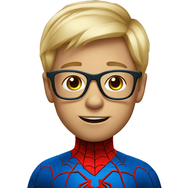 little blond boy with glasses with spider-man costume emoji