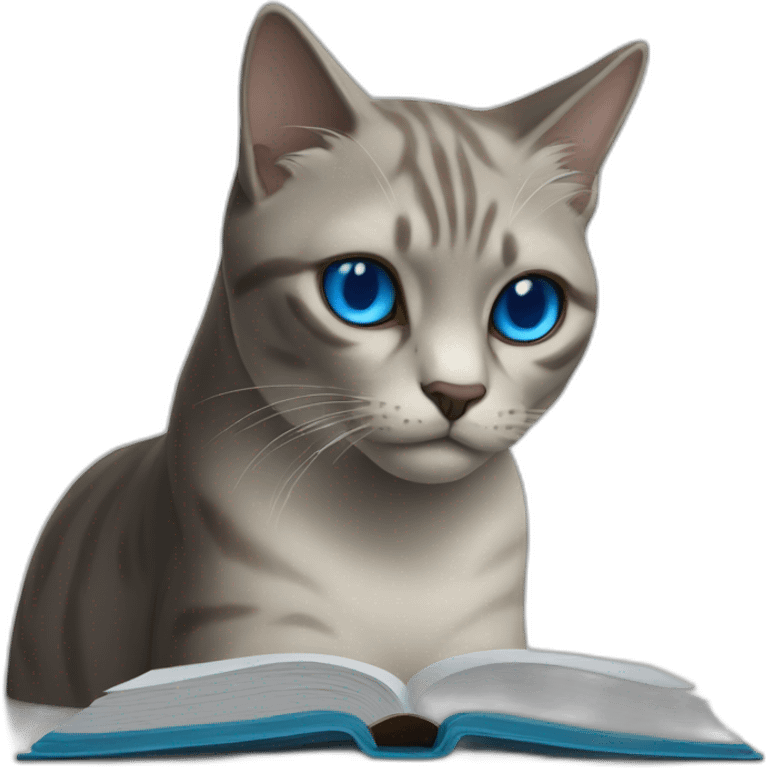 cat with blue eyes dark mark in the foreheadon on top of a book chilling emoji