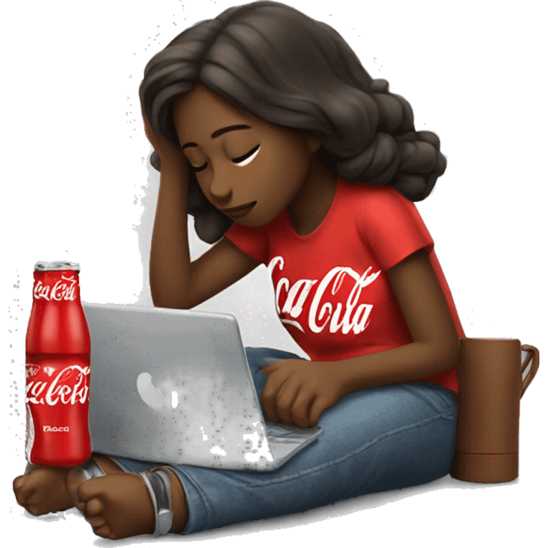 tired girl with laptop drinking coca-cola emoji