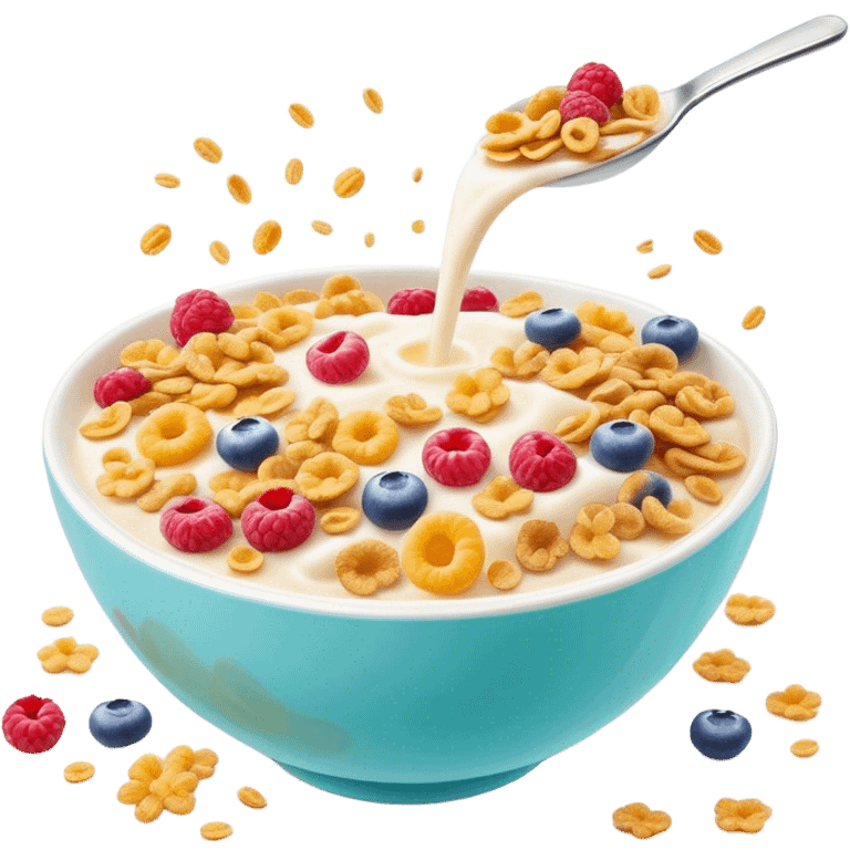 Cinematic crunchy cereal, vibrant and colorful, splashing into a bowl of cold milk, soft glowing background, dynamic movement, playful and inviting, nostalgic and fun. emoji