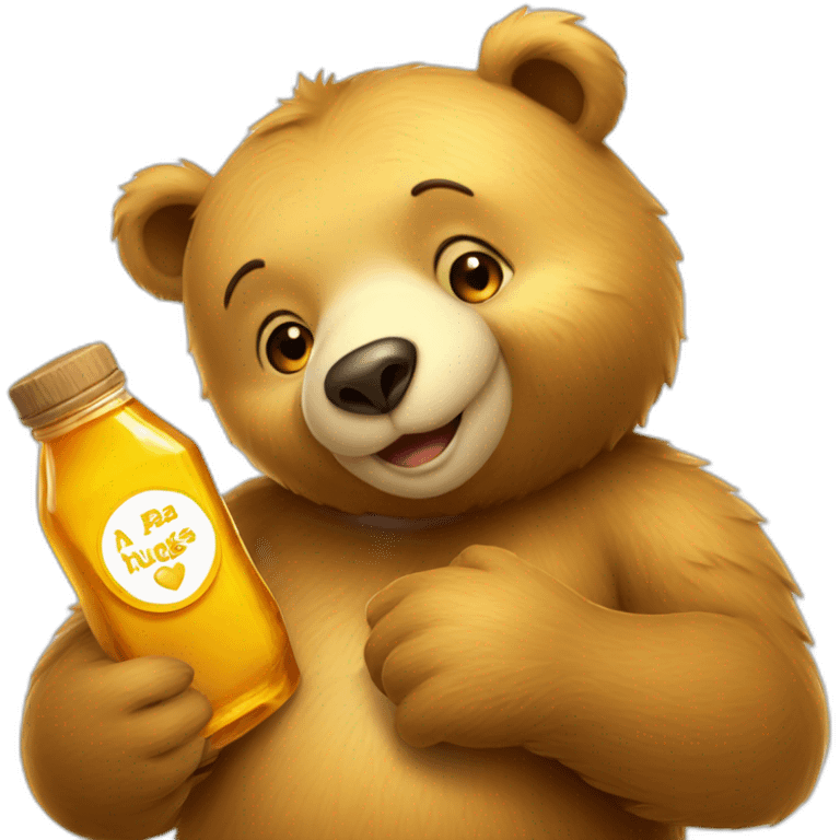 A bear hugs an honey bottle on honey symbol  with love emoji