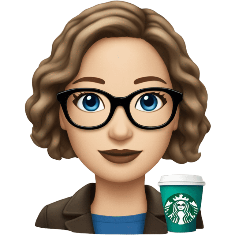 Photo of Brunette Jennifer Lawrence wearing black glasses and blue eyes drinking Starbucks  emoji