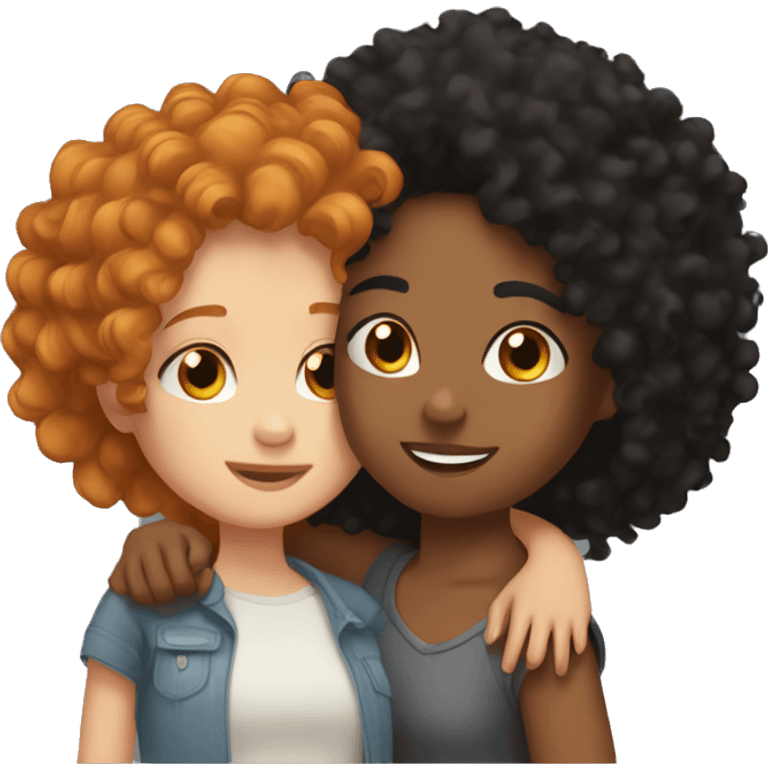 A mixed girl with curly black hair hugging a ginger girl emoji