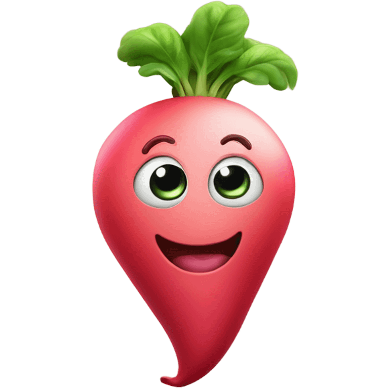 3d Smiling radish with big expressive eyes, rosy cheeks, and green leaves on top. Bright and cheerful cartoon style. emoji