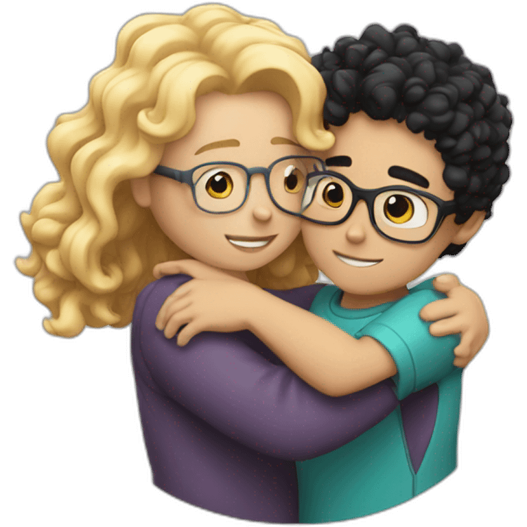 boy with curly blonde hair and glasses hugging girl with black hair and glasses emoji