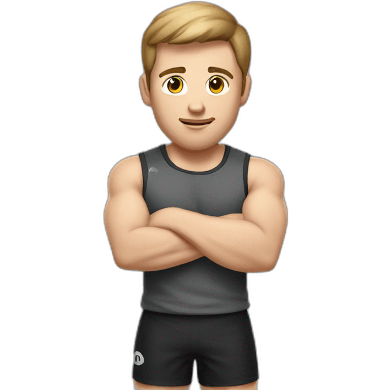 Close up Actively gesturing  with hands Pale skinned Fit Man With the biceps and brown hair in dark gray Sleeveless Mike, black oversize sports shorts, watch and white Sneakers emoji