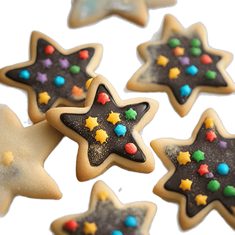 Create a smiley Christmas cookie in the shape of a star or snowflake. The cookies are decorated with black icing and sprinkled with colored sugar. It should look appetizing and festive emoji