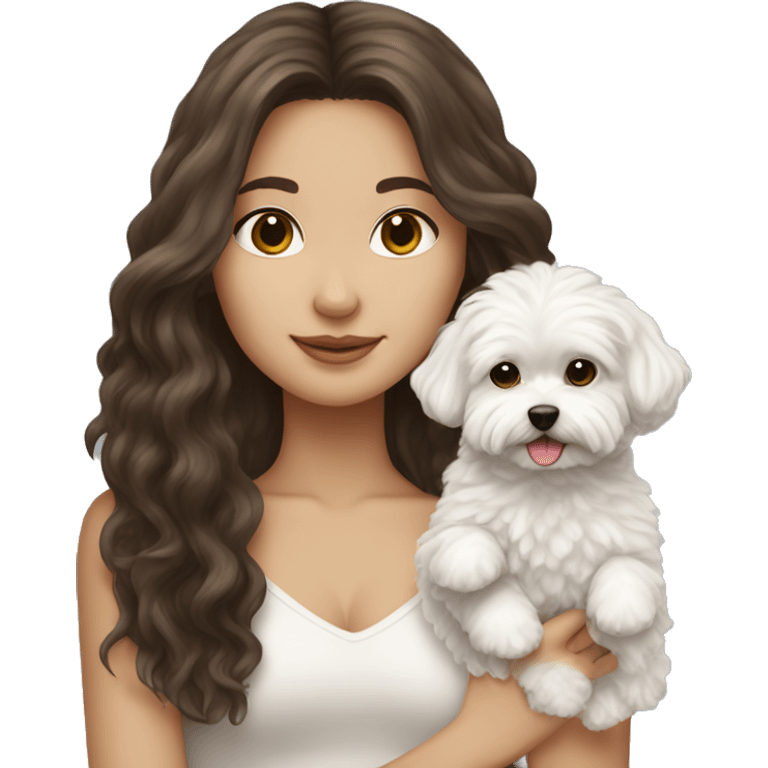 Brunette long haired girl holding white maltipoo emoji