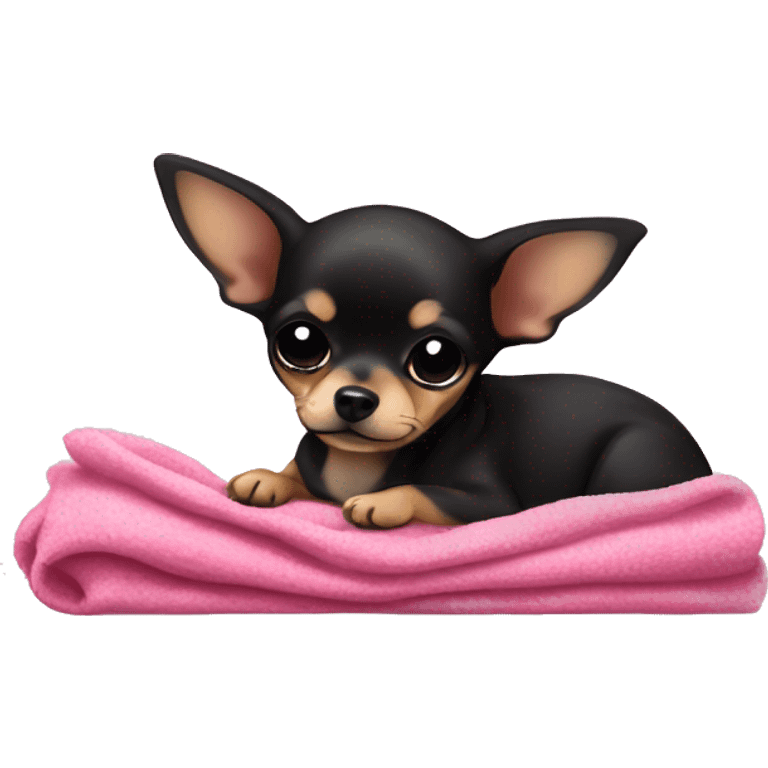 black & tan chihuahua puppy sleeping with a pink blanket  emoji