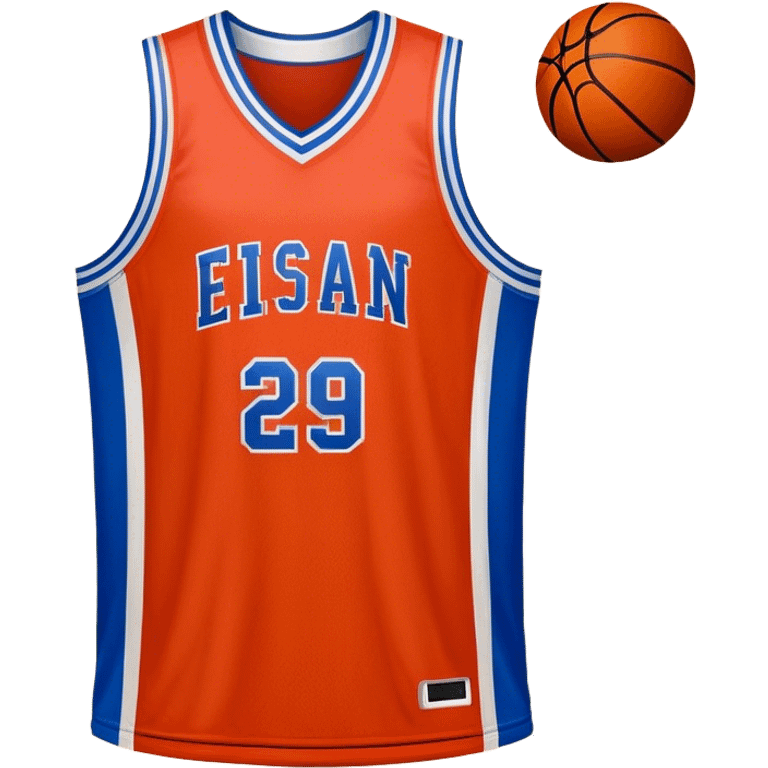 Cinematic Realistic image of a basketball jersey rendered in bold team colors with finely textured fabric and realistic creases, set against an energetic court backdrop with bright, dynamic lighting emoji