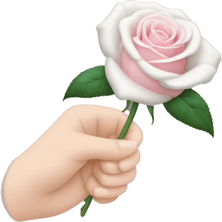 white hand holding a single pale pink rose emoji