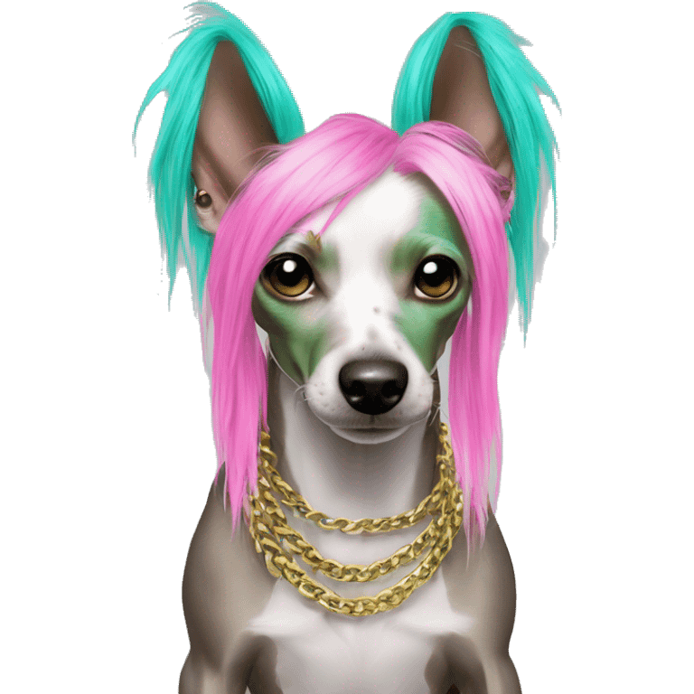 Punk Chinese crested dog neon rainbow cyan green pink hair gold chain punk piercings tattoos punk ear piercings emoji