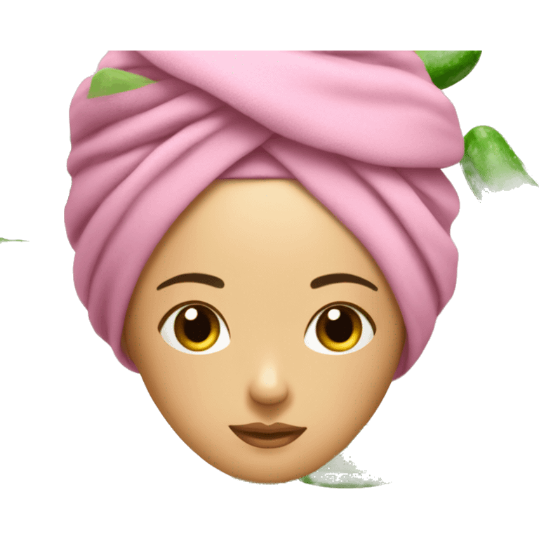 Girl resting in spa (only the face) eyes closed, has cucumbers on them and a mask on her face pink towel on her hair  emoji